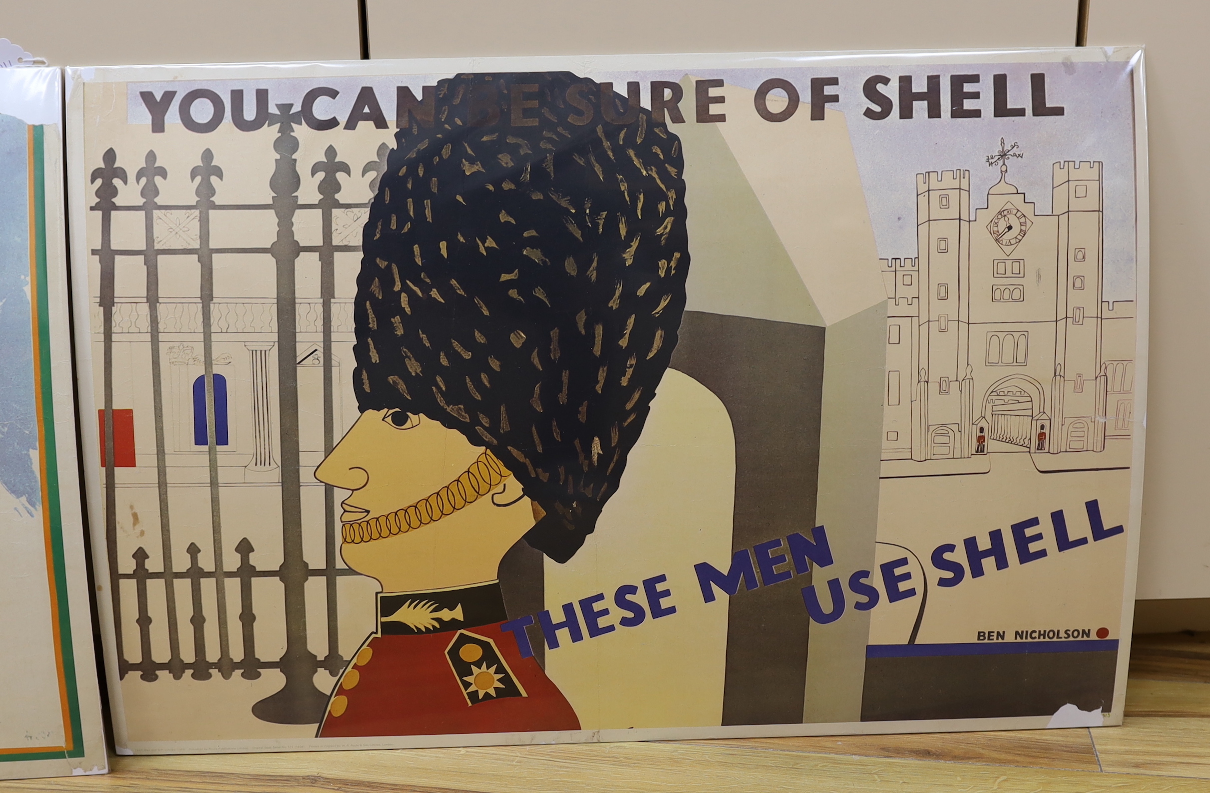 Two 1960's Shell Oil advertising posters, one with artwork by Ben Nicholson, both published by Royle Publications Ltd, 1969, both in protective card-backed transparent slips 65cm x 50cm